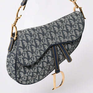 極美品 Christian Dior クリスチャンディオール サドルバッグ トロッター ネイビー 総柄 コットンキャンバス ショルダーバッグ RU0010 中古 4a002003