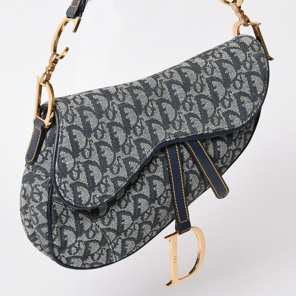 極美品 Christian Dior クリスチャンディオール サドルバッグ トロッター ネイビー 総柄 コットンキャンバス ショルダーバッグ RU0010 中古 4a002003