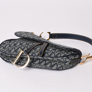 極美品 Christian Dior クリスチャンディオール サドルバッグ トロッター ネイビー 総柄 コットンキャンバス ショルダーバッグ RU0010 中古 4a002003