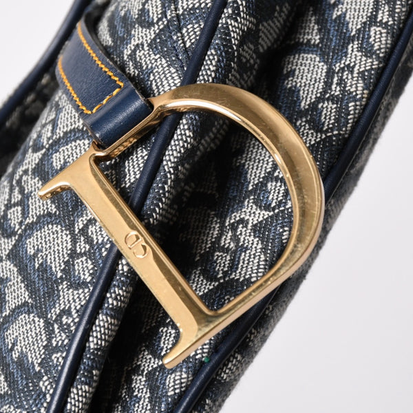 極美品 Christian Dior クリスチャンディオール サドルバッグ トロッター ネイビー 総柄 コットンキャンバス ショルダーバッグ RU0010 中古 4a002003