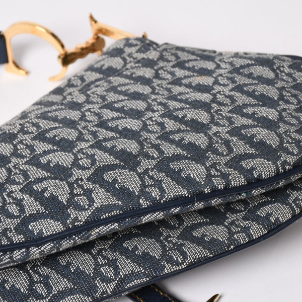極美品 Christian Dior クリスチャンディオール サドルバッグ トロッター ネイビー 総柄 コットンキャンバス ショルダーバッグ RU0010 中古 4a002003