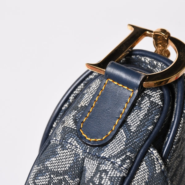 極美品 Christian Dior クリスチャンディオール サドルバッグ トロッター ネイビー 総柄 コットンキャンバス ショルダーバッグ RU0010 中古 4a002003