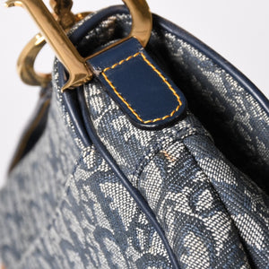 極美品 Christian Dior クリスチャンディオール サドルバッグ トロッター ネイビー 総柄 コットンキャンバス ショルダーバッグ RU0010 中古 4a002003