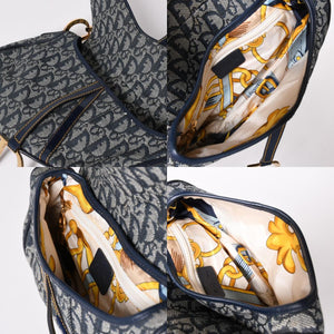 極美品 Christian Dior クリスチャンディオール サドルバッグ トロッター ネイビー 総柄 コットンキャンバス ショルダーバッグ RU0010 中古 4a002003