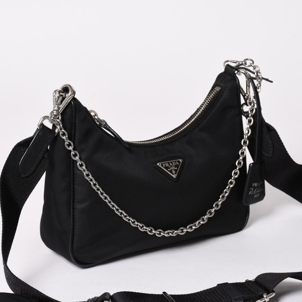 Very Good Condition PRADA Hobo One Shoulder Bag 1BH204 Triangle Logo Triangle Logo Plate Nylon Black Used 4a002395