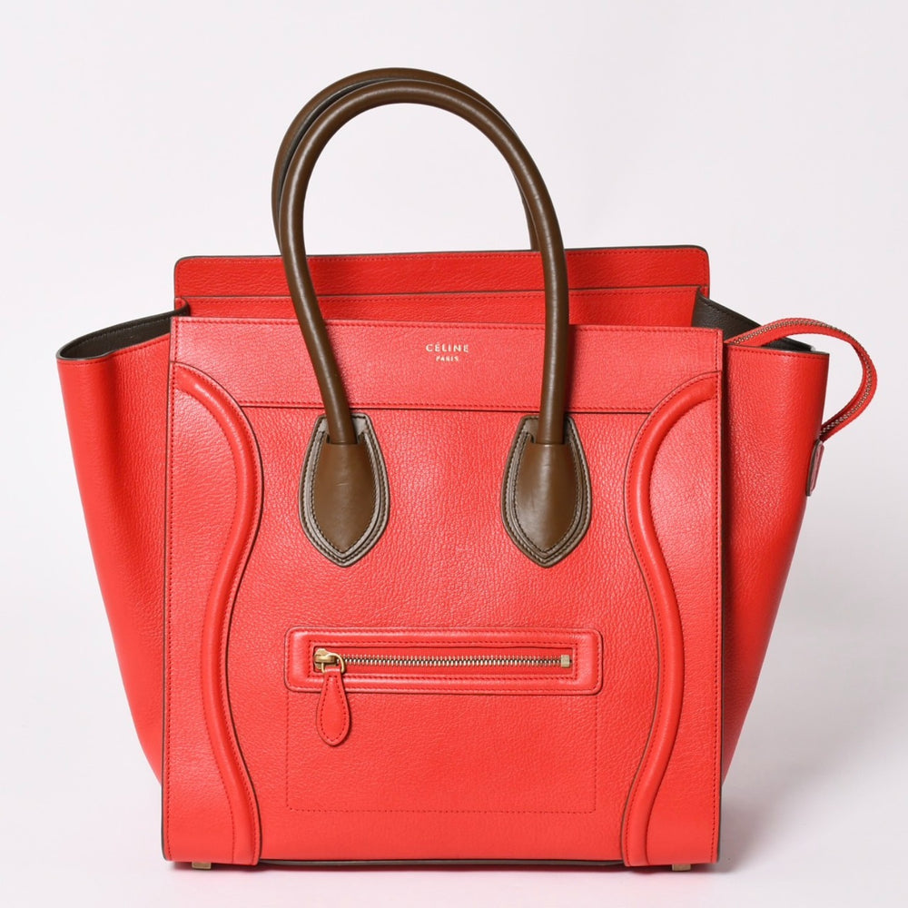 極美品 CELINE セリーヌ LUGGAGE MINI ラゲージ ミニ ハンドバッグ 165213VS0 レッド ブラウン アンティークゴールド金具 中古 4a002515