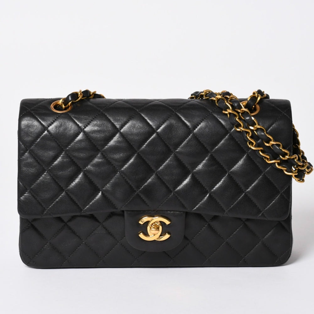 極美品 CHANEL シャネル マトラッセ25 Wフラップ Wチェーンショルダーバッグ 3番台 ココマーク ラムスキン ブラック ゴールド金具 中古 4a002445