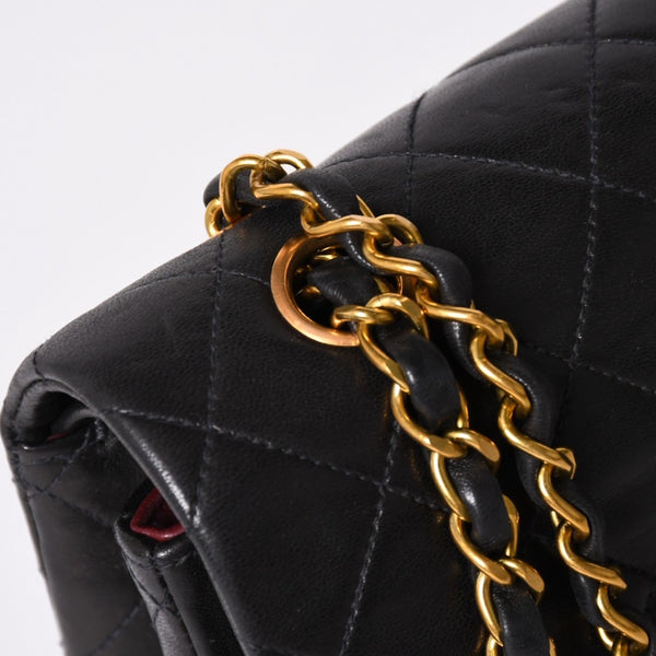 極美品 CHANEL シャネル マトラッセ25 Wフラップ Wチェーンショルダーバッグ 3番台 ココマーク ラムスキン ブラック ゴールド金具 中古 4a002445