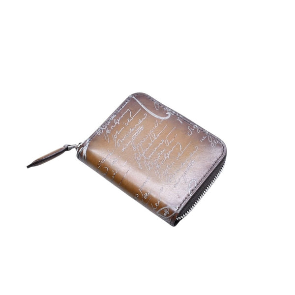 Very Good Condition Berluti Berluti Calligraphy Leather Coin Case Brown Khaki Silver Hardware F1213 Used 4a002540