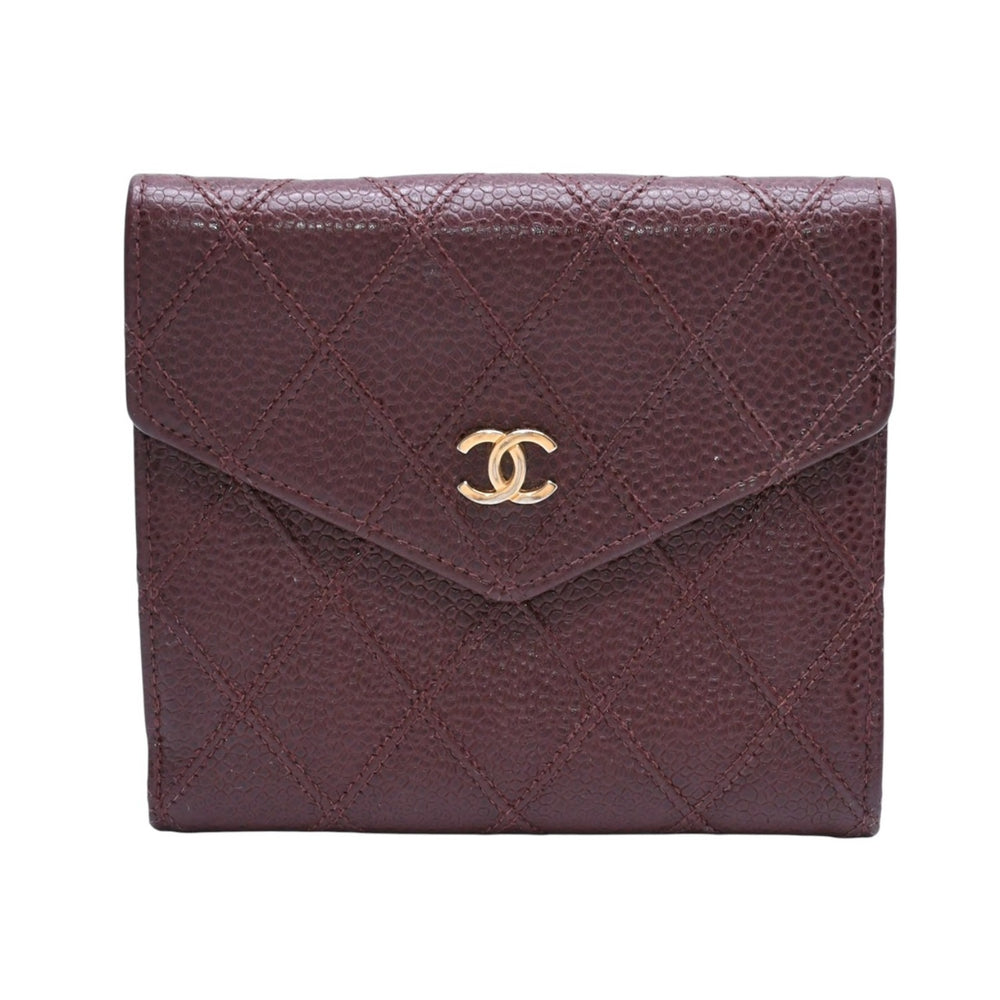 CHANEL シャネル コンパクトウォレット 二つ折り財布 5番台 ココマーク キャビアスキン キルティング ブラウン 美品 中古 4a002771