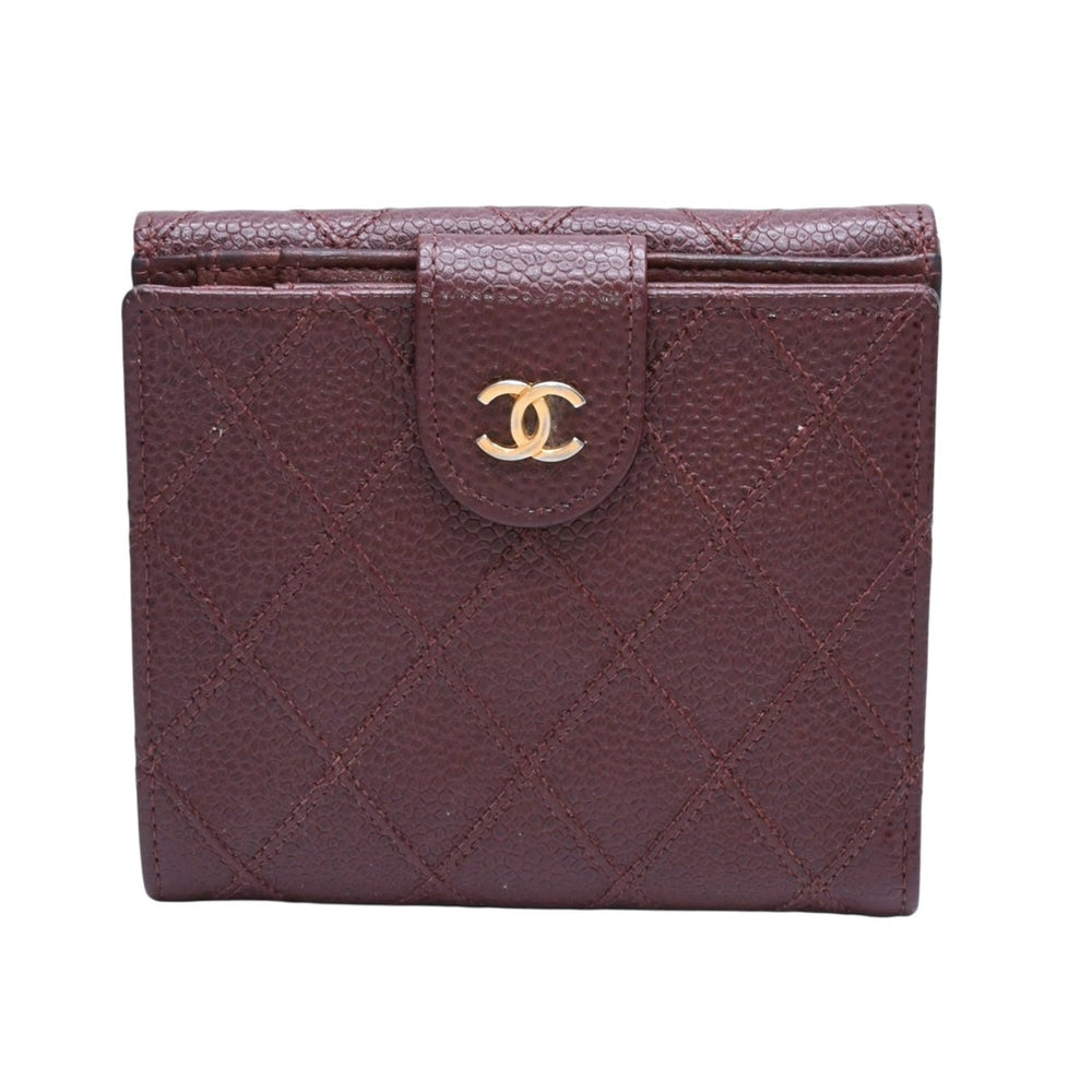 CHANEL シャネル コンパクトウォレット 二つ折り財布 5番台 ココマーク キャビアスキン キルティング ブラウン 美品 中古 4a002771