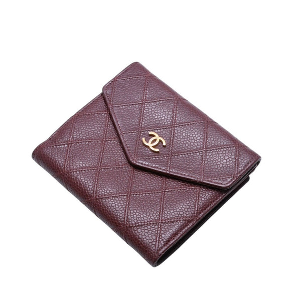 CHANEL Compact Wallet Bifold Wallet No. 5 Coco Mark Caviar Skin Quilted Brown Good Condition Used 4a002771
