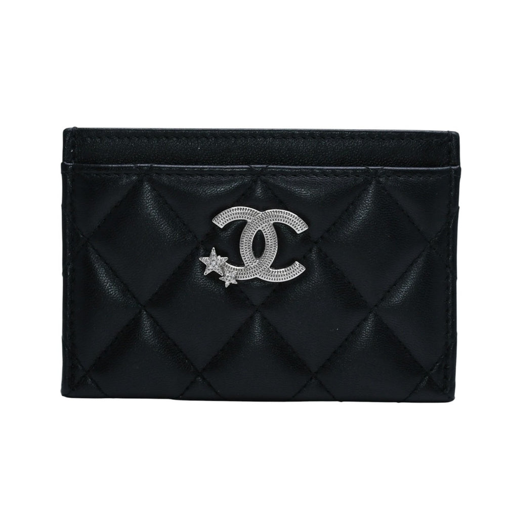 極美品 CHANEL シャネル カードケース AP3730 ランダム番台 ココマーク ラインストーン ラムスキン ブラック 中古 4a002544