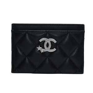 極美品 CHANEL シャネル カードケース AP3730 ランダム番台 ココマーク ラインストーン ラムスキン ブラック 中古 4a002544