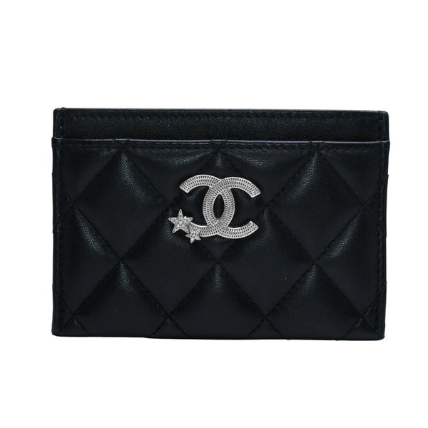 極美品 CHANEL シャネル カードケース AP3730 ランダム番台 ココマーク ラインストーン ラムスキン ブラック 中古 4a002544