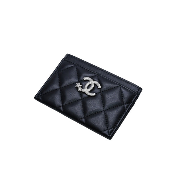 極美品 CHANEL シャネル カードケース AP3730 ランダム番台 ココマーク ラインストーン ラムスキン ブラック 中古 4a002544