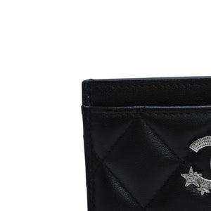 極美品 CHANEL シャネル カードケース AP3730 ランダム番台 ココマーク ラインストーン ラムスキン ブラック 中古 4a002544