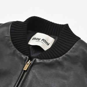 極美品 MIU MIU ミュウミュウ ロゴパッチ ボンバージャケット レザージャケット ブルゾン ブラック サイズ42 中古 4a002564
