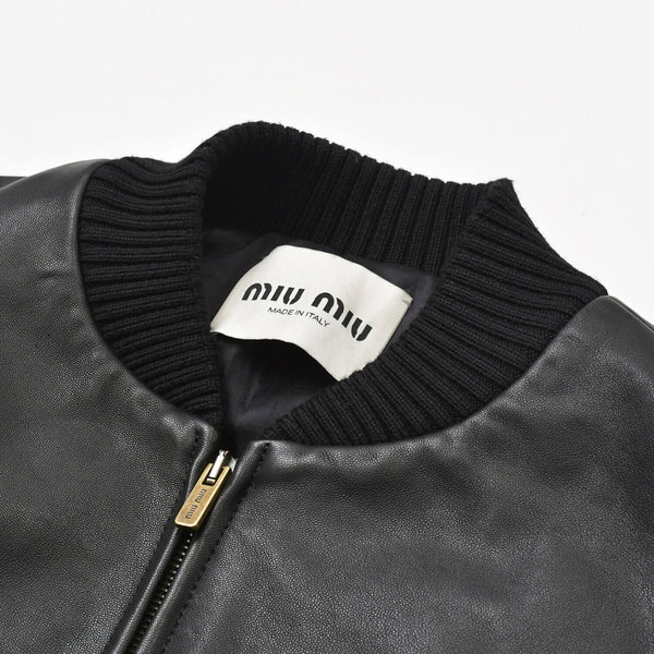 極美品 MIU MIU ミュウミュウ ロゴパッチ ボンバージャケット レザージャケット ブルゾン ブラック サイズ42 中古 4a002564