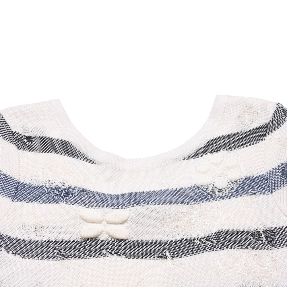 Very Good Condition CHANEL Border Pattern Knit Dress Camellia Embroidery Pearl Button Border White Navy Coco Mark P56095K07378 Used 4a002567