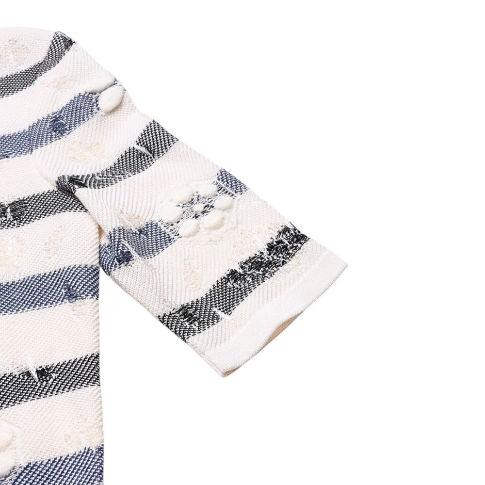 Very Good Condition CHANEL Border Pattern Knit Dress Camellia Embroidery Pearl Button Border White Navy Coco Mark P56095K07378 Used 4a002567