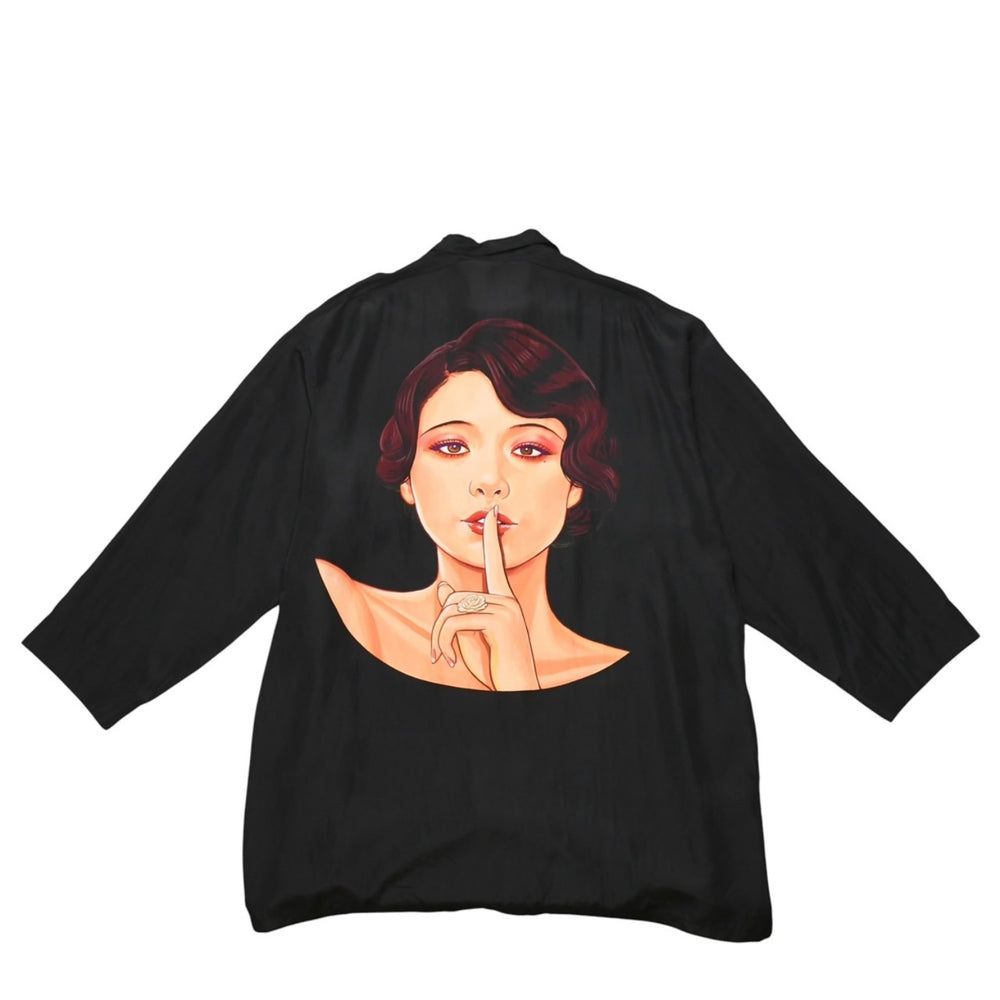 Very Good Condition Yohji Yamamoto POUR HOMME 2018SS Yusuke Saito Silk Blouse Shirt Taisho Modern Girl Black Secret Print HW-B95-424 Used 4a002418