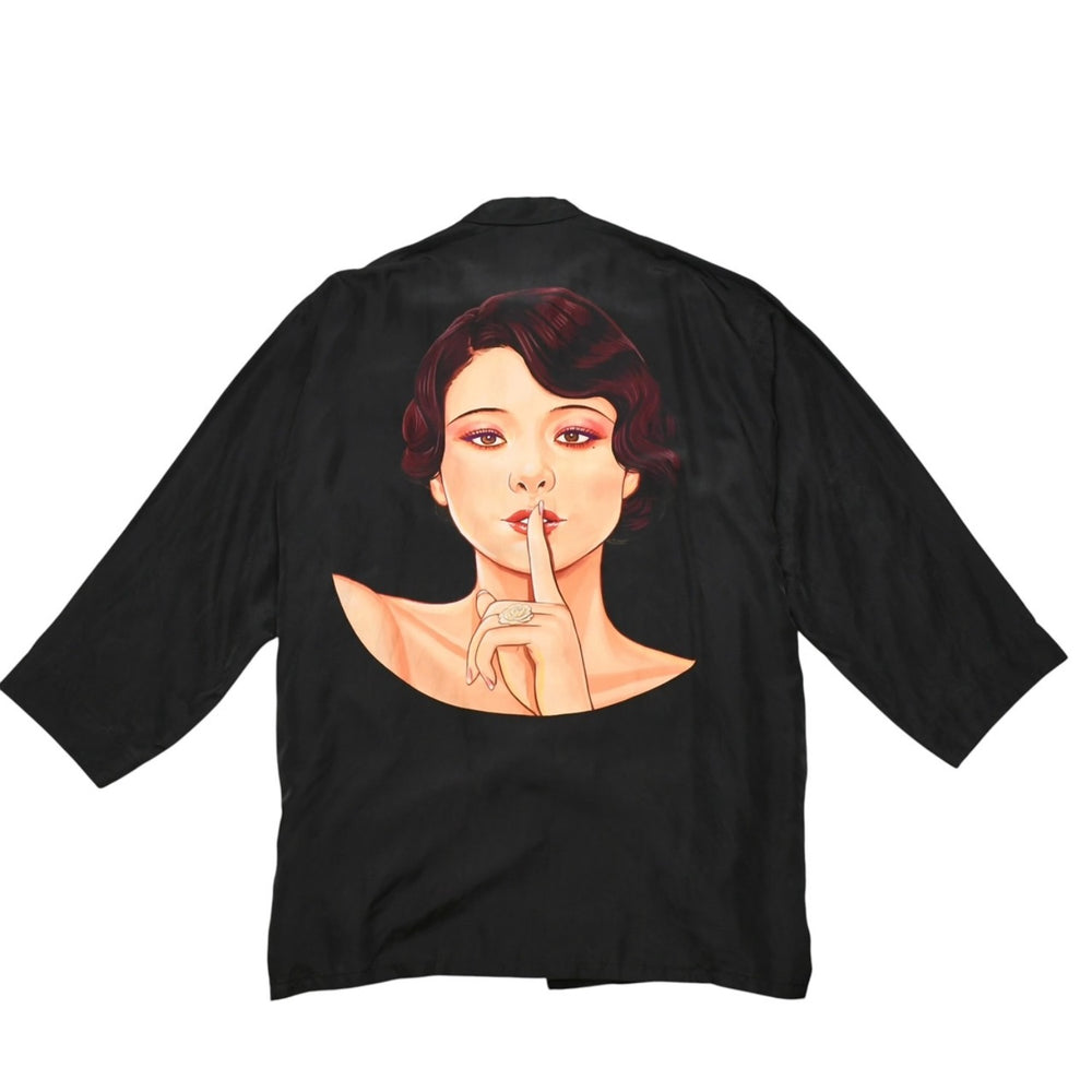 Yohji Yamamoto POUR HOMME 2018SS Yusuke Saito Silk Blouse Shirt Taisho Modern Girl Black Secret Print Big Silhouette HW-B95-424 Good Condition Used 4a002537