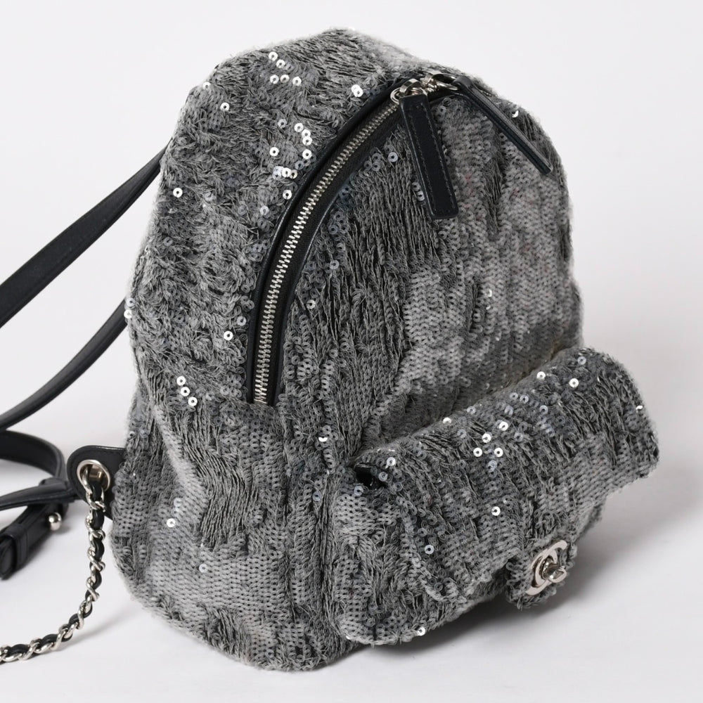 Very Good Condition CHANEL Spangles Mini Backpack Sequin Mini Backpack No. 25 Silver Metal Fittings Silver Chain Used 4a002843
