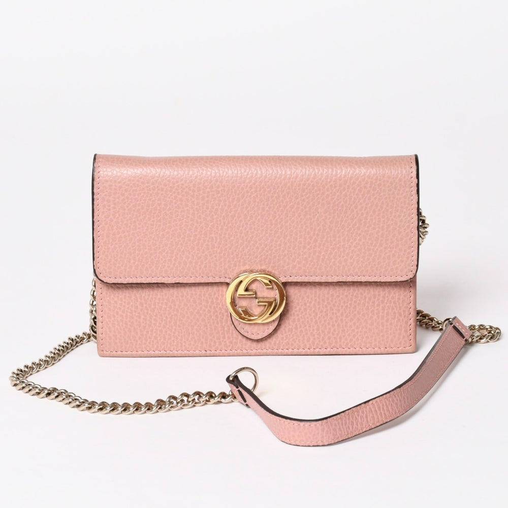 GUCCI グッチ インターロッキングGチェーンウォレット ペブルドレザー ショルダーバッグ クラッチバッグ ピンク ゴールド金具 510314 美品 中古 4a002001