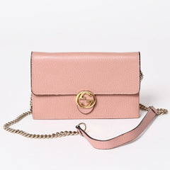 GUCCI グッチ インターロッキングGチェーンウォレット ペブルドレザー ショルダーバッグ クラッチバッグ ピンク ゴールド金具 510314 美品 中古 4a002001