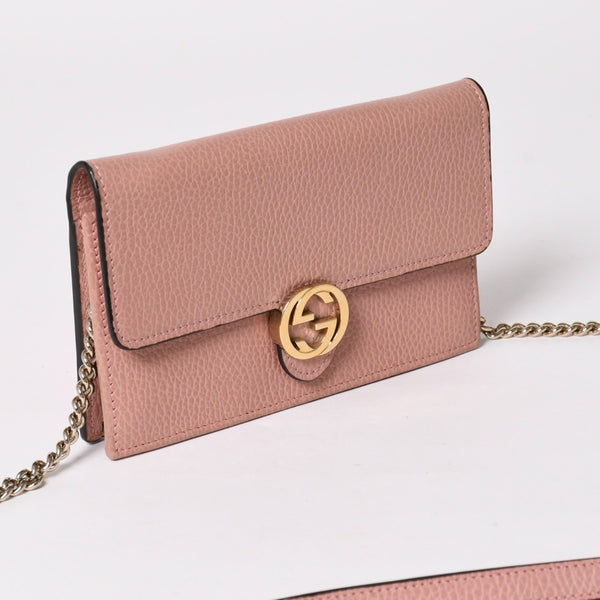 GUCCI グッチ インターロッキングGチェーンウォレット ペブルドレザー ショルダーバッグ クラッチバッグ ピンク ゴールド金具 510314 美品 中古 4a002001