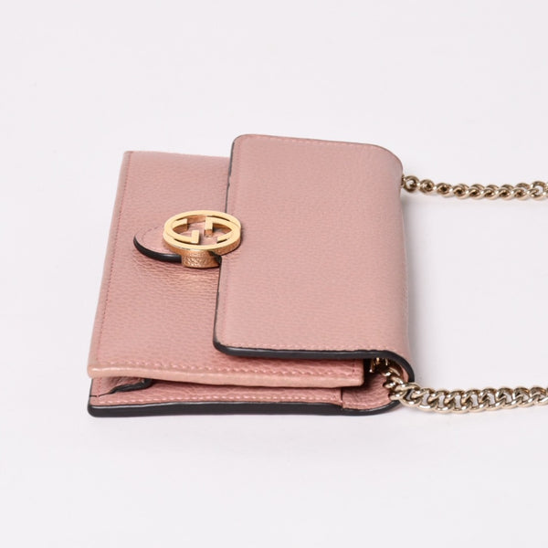 GUCCI グッチ インターロッキングGチェーンウォレット ペブルドレザー ショルダーバッグ クラッチバッグ ピンク ゴールド金具 510314 美品 中古 4a002001