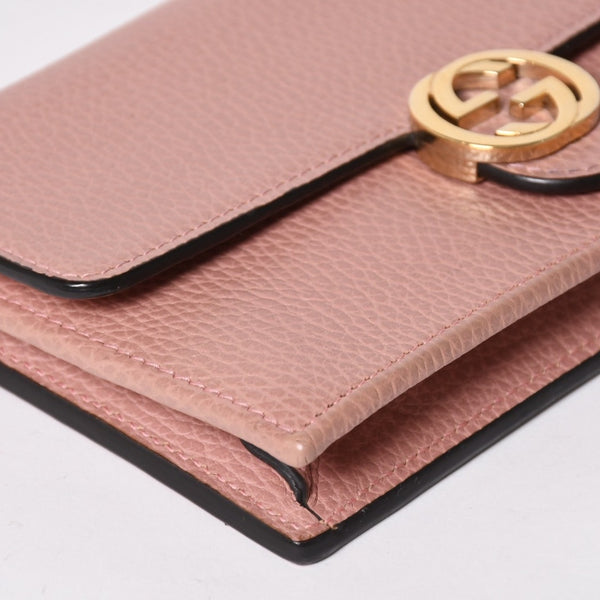 GUCCI グッチ インターロッキングGチェーンウォレット ペブルドレザー ショルダーバッグ クラッチバッグ ピンク ゴールド金具 510314 美品 中古 4a002001