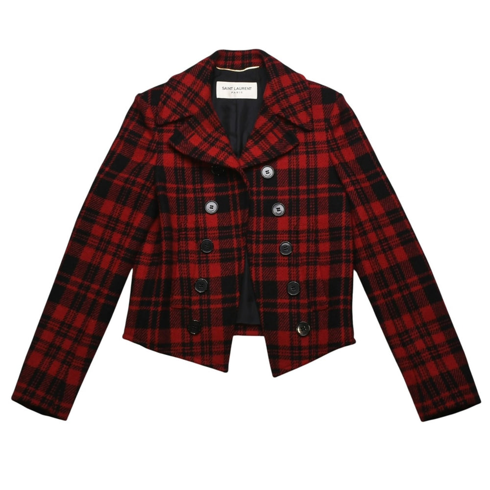 極美品 SAINT LAURENT サンローラン バッファローチェック柄ダブルブレストジャケット タータンチェック 357409 Y290E レッド ブラック アウター Pコート ショート丈 中古 4a002641
