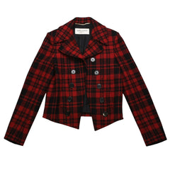 極美品 SAINT LAURENT サンローラン バッファローチェック柄ダブルブレストジャケット タータンチェック 357409 Y290E レッド ブラック アウター Pコート ショート丈 中古 4a002641