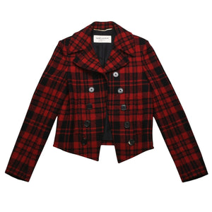 極美品 SAINT LAURENT サンローラン バッファローチェック柄ダブルブレストジャケット タータンチェック 357409 Y290E レッド ブラック アウター Pコート ショート丈 中古 4a002641