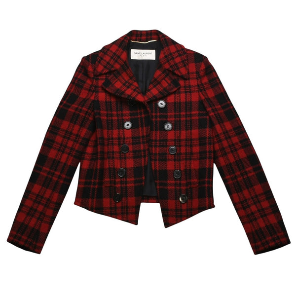 極美品 SAINT LAURENT サンローラン バッファローチェック柄ダブルブレストジャケット タータンチェック 357409 Y290E レッド ブラック アウター Pコート ショート丈 中古 4a002641