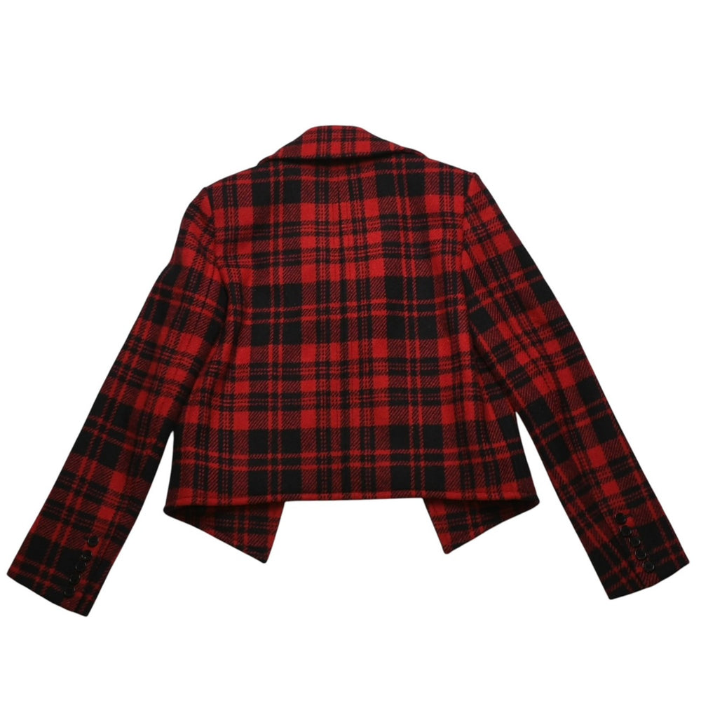 極美品 SAINT LAURENT サンローラン バッファローチェック柄ダブルブレストジャケット タータンチェック 357409 Y290E レッド ブラック アウター Pコート ショート丈 中古 4a002641