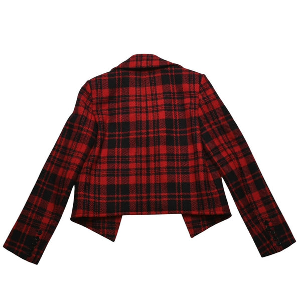 極美品 SAINT LAURENT サンローラン バッファローチェック柄ダブルブレストジャケット タータンチェック 357409 Y290E レッド ブラック アウター Pコート ショート丈 中古 4a002641