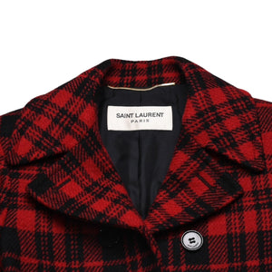 極美品 SAINT LAURENT サンローラン バッファローチェック柄ダブルブレストジャケット タータンチェック 357409 Y290E レッド ブラック アウター Pコート ショート丈 中古 4a002641