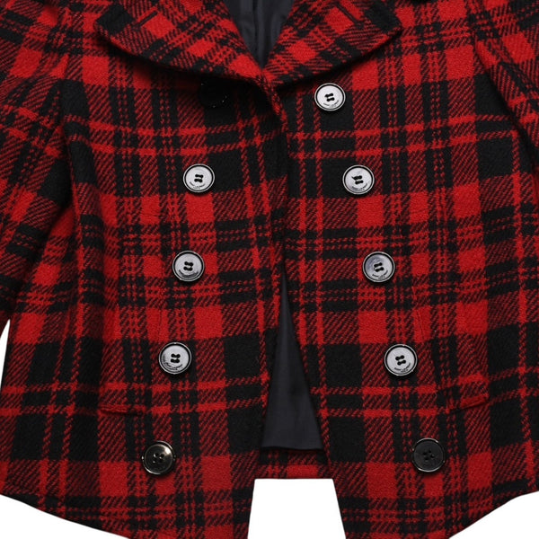 極美品 SAINT LAURENT サンローラン バッファローチェック柄ダブルブレストジャケット タータンチェック 357409 Y290E レッド ブラック アウター Pコート ショート丈 中古 4a002641