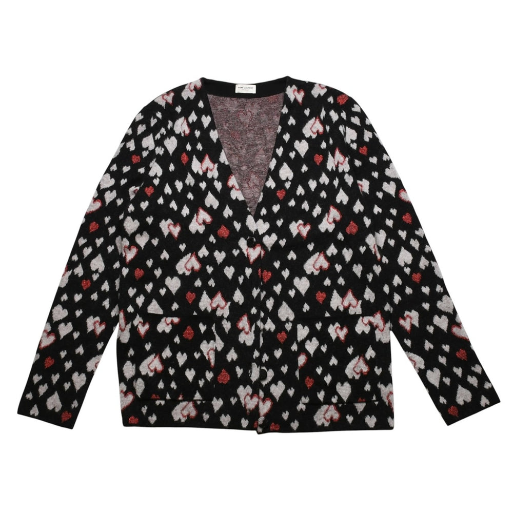 極美品 SAINT LAURENT サンローラン SS16 ハート カーディガン エディー期 423198 コットン ハート ブラック ホワイト レッド サイズ M 中古 4a002635