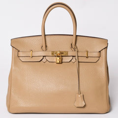 Mint condition HERMES Birkin 35 beige handbag with gold hardware in Taurillon Clemence leather. ◻L stamp, used, 4a002719
