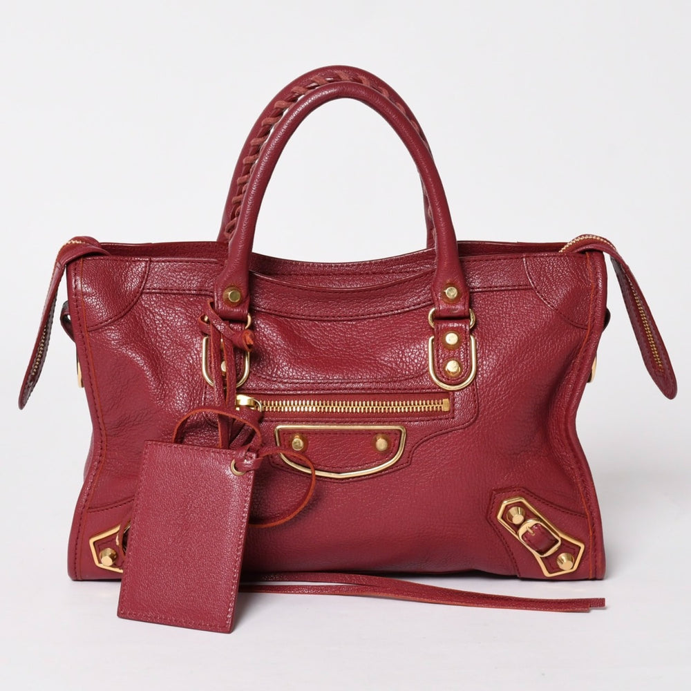 極美品 BALENCIAGA バレンシアガ メタリック エッジ シティ ハンドバッグ 2WAY 432831 レザー ワインレッド ゴールド金具 中古 4a002859
