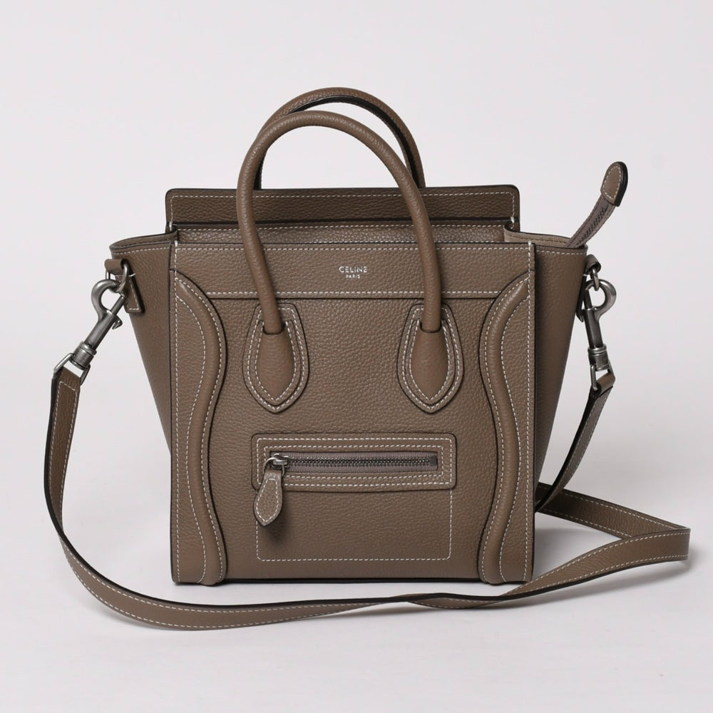 極美品 CELINE セリーヌ ハンドバッグ ショルダーバッグ 2way ラゲージナノショッパー カーフスキン メタルブラック金具 スリ ベージュ 中古 4a002837