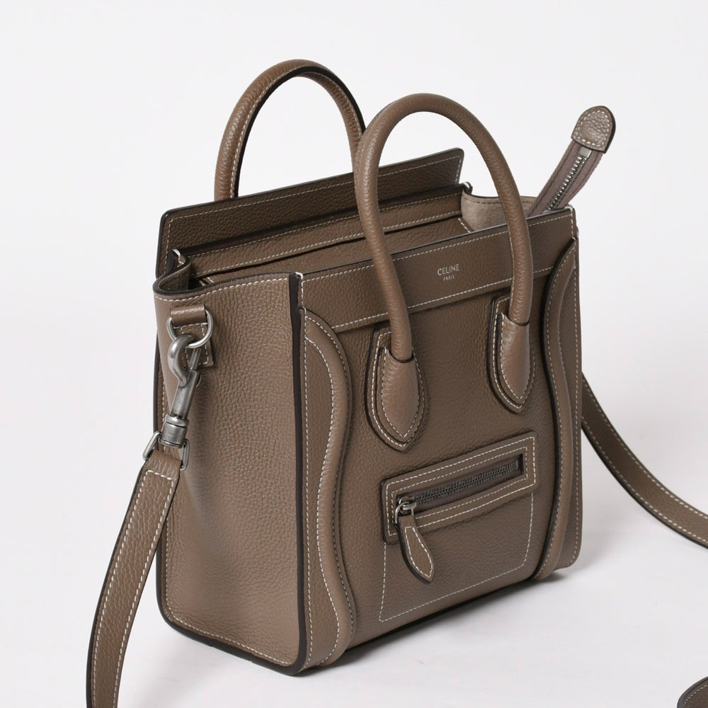 Very Good Condition CELINE Handbag Shoulder Bag 2way Luggage Nano Shopper Calfskin Metal Black Hardware Suri Beige Used 4a002837