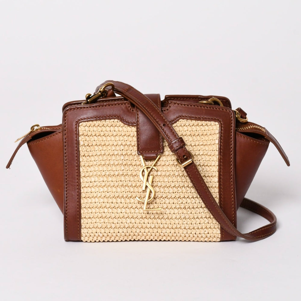 Very Good Condition SAINT LAURENT Toy Downtown YSL Cover 2018SS Japan Limited Model Shoulder Bag Straw Raffia Calf Leather Brown Gold Hardware Used 4a002735