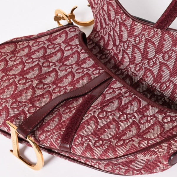 極美品 Christian Dior クリスチャンディオール サドルバッグ トロッター レッド 総柄 コットンキャンバス ショルダーバッグ 中古 4a002743