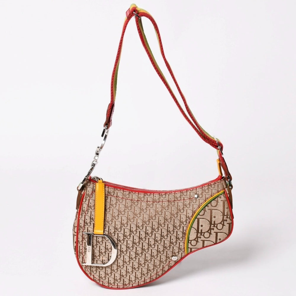 Very Good Condition Christian Dior Rasta Trotter Saddle Bag Galliano Period 2004AW Rasta Color Silver Hardware RU0046 Used 4a002887