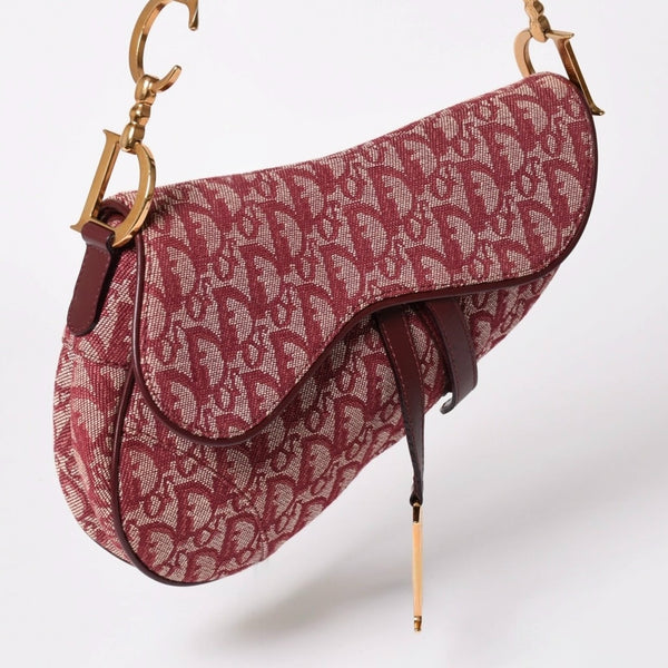 極美品 Christian Dior クリスチャンディオール サドルバッグ トロッター レッド 総柄 コットンキャンバス ショルダーバッグ 中古 4a002743